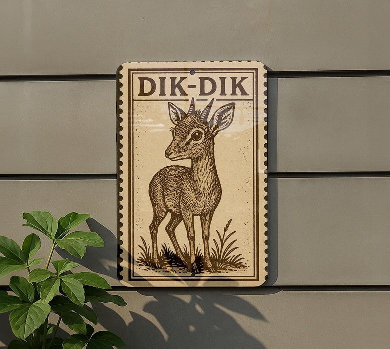 a sign with a deer illustration on it, mounted on a wall next to a plant.
