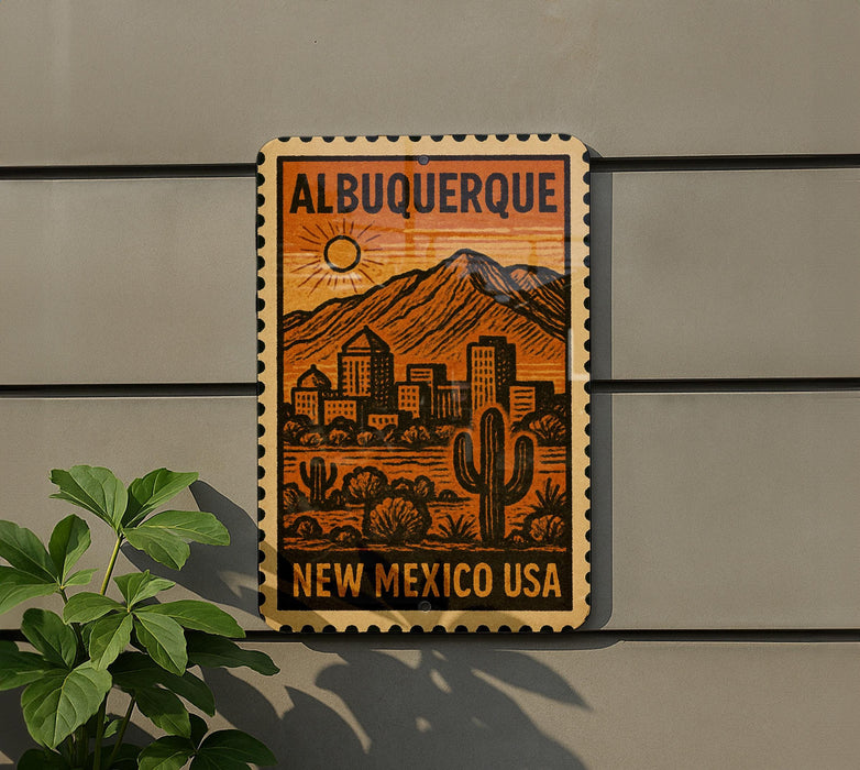 A vintage-style postage stamp depicting the city of Albuquerque, New Mexico, with mountains in the background and a cactus in the foreground.