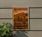 A vintage-style postage stamp depicting the city of Albuquerque, New Mexico, with mountains in the background and a cactus in the foreground.
