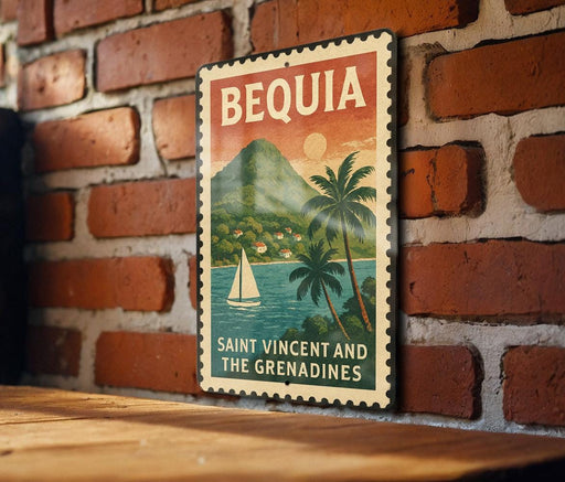 A vintage-style poster of Bequia, Saint Vincent and the Grenadines, featuring a sailboat on a tropical island with palm trees and a mountain in the background.