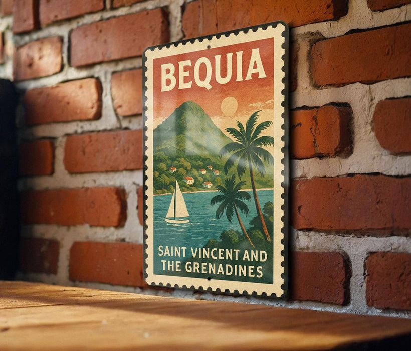 A vintage-style poster of Bequia, Saint Vincent and the Grenadines, featuring a sailboat on a tropical island with palm trees and a mountain in the background.