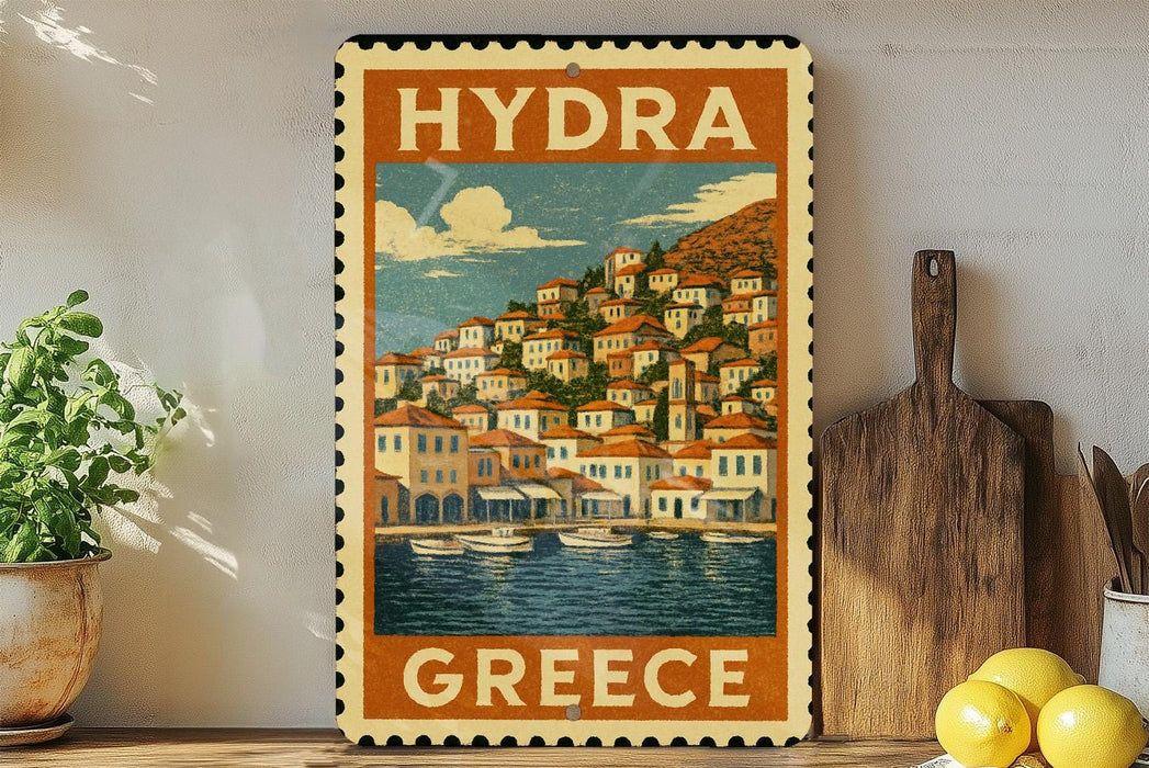 A vintage-style travel poster depicting a coastal town in Greece, with boats on the water and buildings with orange roofs.
