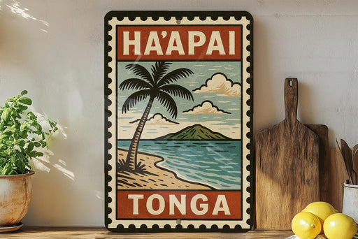 A vintage-style poster of H်ဠI Tဠာ hangs on a wall, depicting a tropical beach scene with palm trees, a mountain, and a blue ocean.