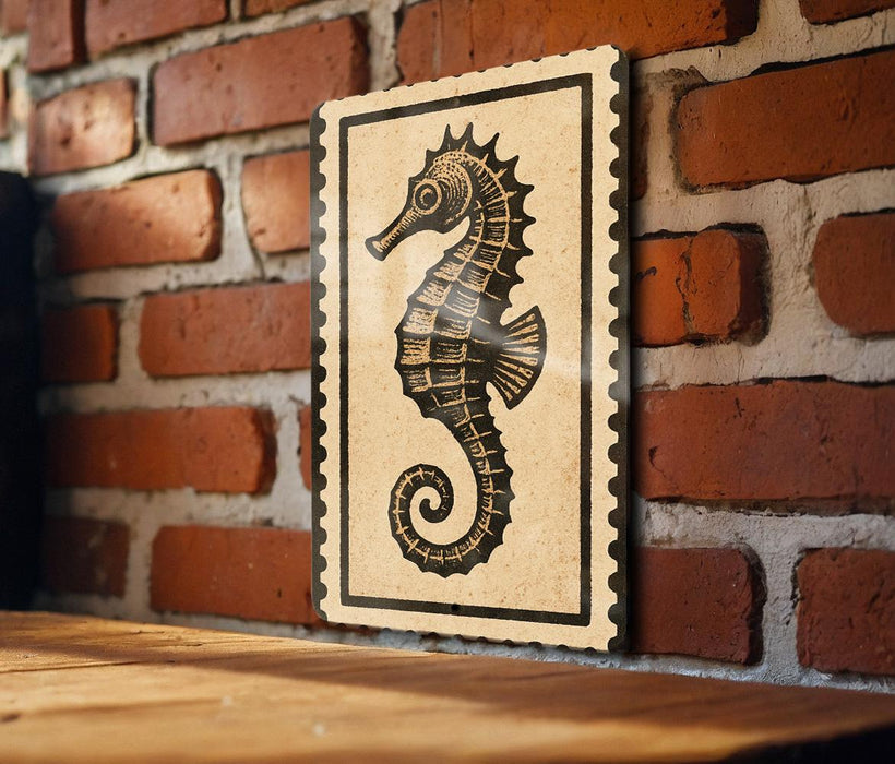 a seahorse on a brick wall.