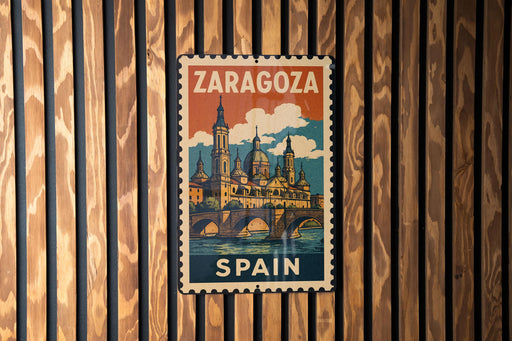 A vintage-style metal stamp with the text "ZARAGOZA SPAIN" and an illustration of a cityscape with a bridge.