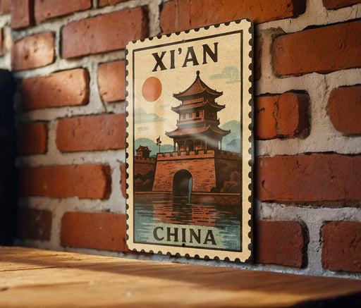 A vintage-style stamp depicting a Chinese temple, with the text "XI'AN CHINA" printed on it, is displayed on a brick wall.
