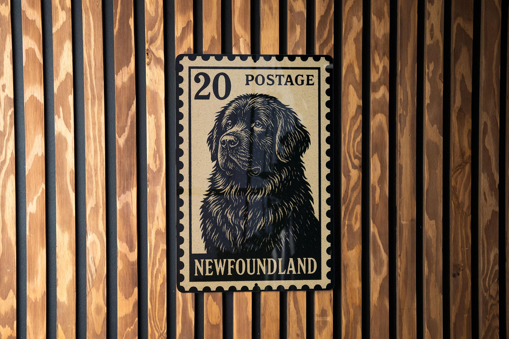 A black dog is depicted on a New England postage stamp, which is affixed to a wooden wall.