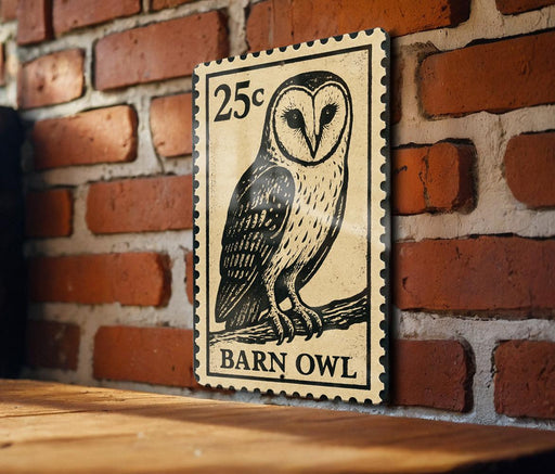A wooden table with a wooden post on it, and a vintage-style 25c postage stamp featuring an illustration of a barn owl on it, mounted on a brick wall.