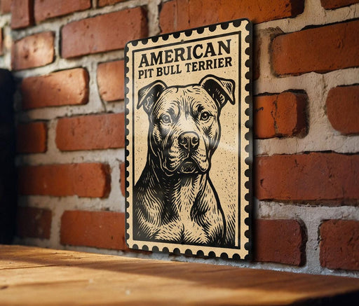 a wooden table with a framed poster of a pit bull terrier on it, mounted on a brick wall.