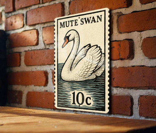 A vintage postage stamp featuring a swan on a brick wall.