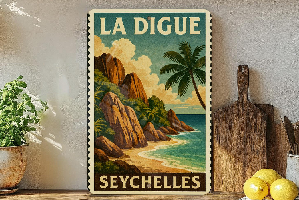 A vintage-style poster of the Seychelles, featuring a tropical beach scene with palm trees and rocky cliffs, is displayed on a wall next to a wooden cutting board and a potted plant.