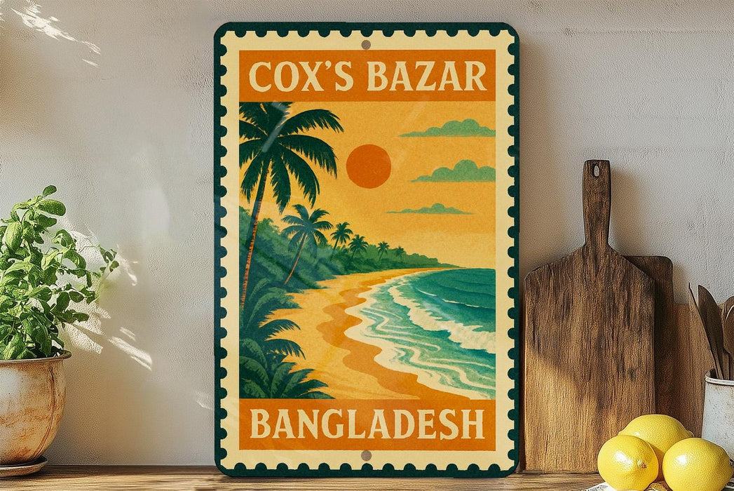 a vintage-style sign for Cox's Bazar, Bangladesh, with a tropical beach scene and palm trees depicted on the sign.