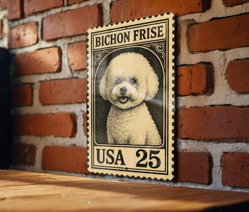 A wooden table with a brick wall in the background, featuring a framed image of a small white dog, which appears to be a Bichon Frise.