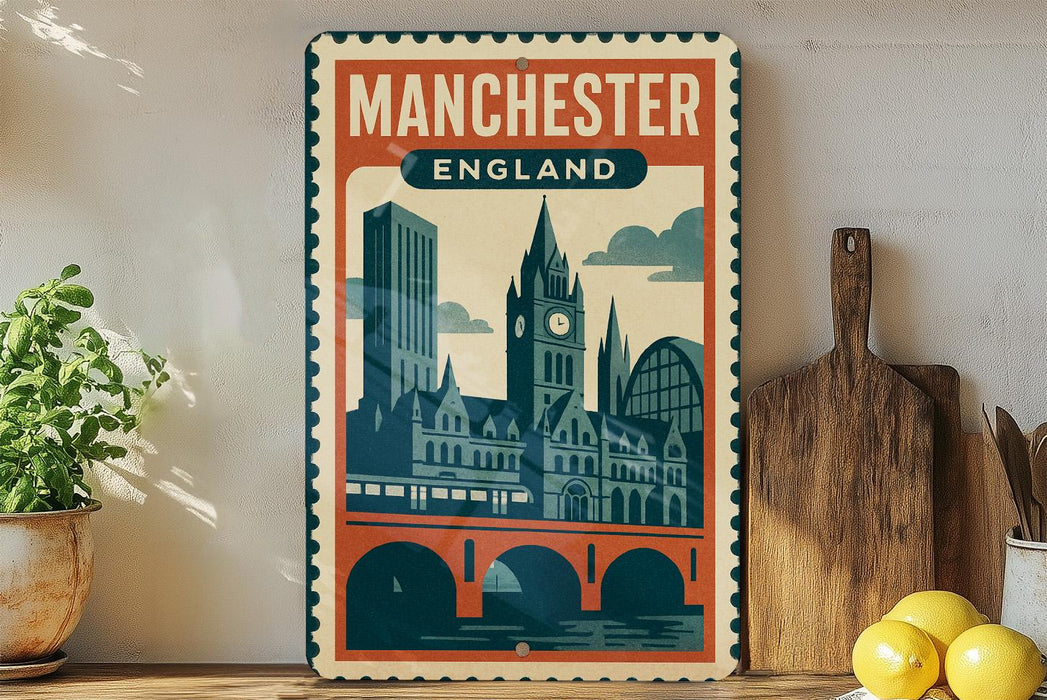 A vintage-style poster of Manchester, England, featuring a cityscape with a clock tower and a bridge, displayed on a wall next to a wooden cutting board and some potted plants.