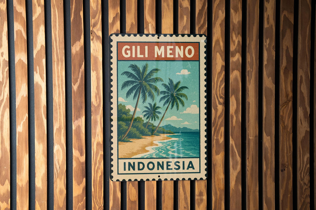 A vintage postage stamp featuring a tropical beach scene with palm trees and a blue ocean, mounted on a wooden wall.