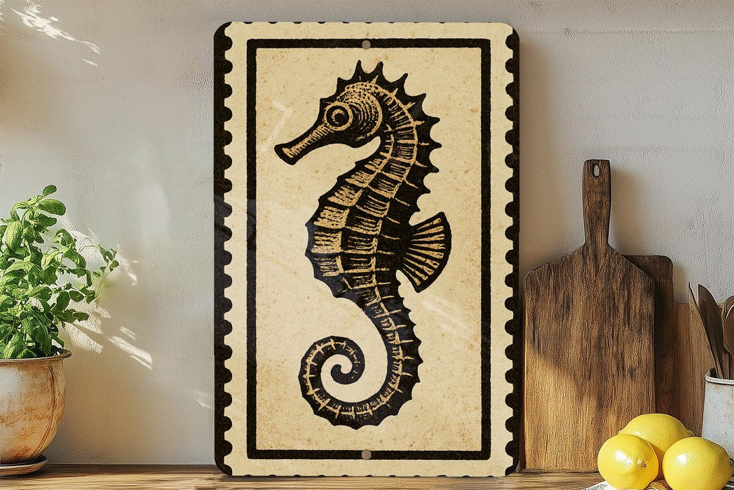 a decorative sign of a seahorse on a shelf, accompanied by a wooden cutting board and a potted plant.