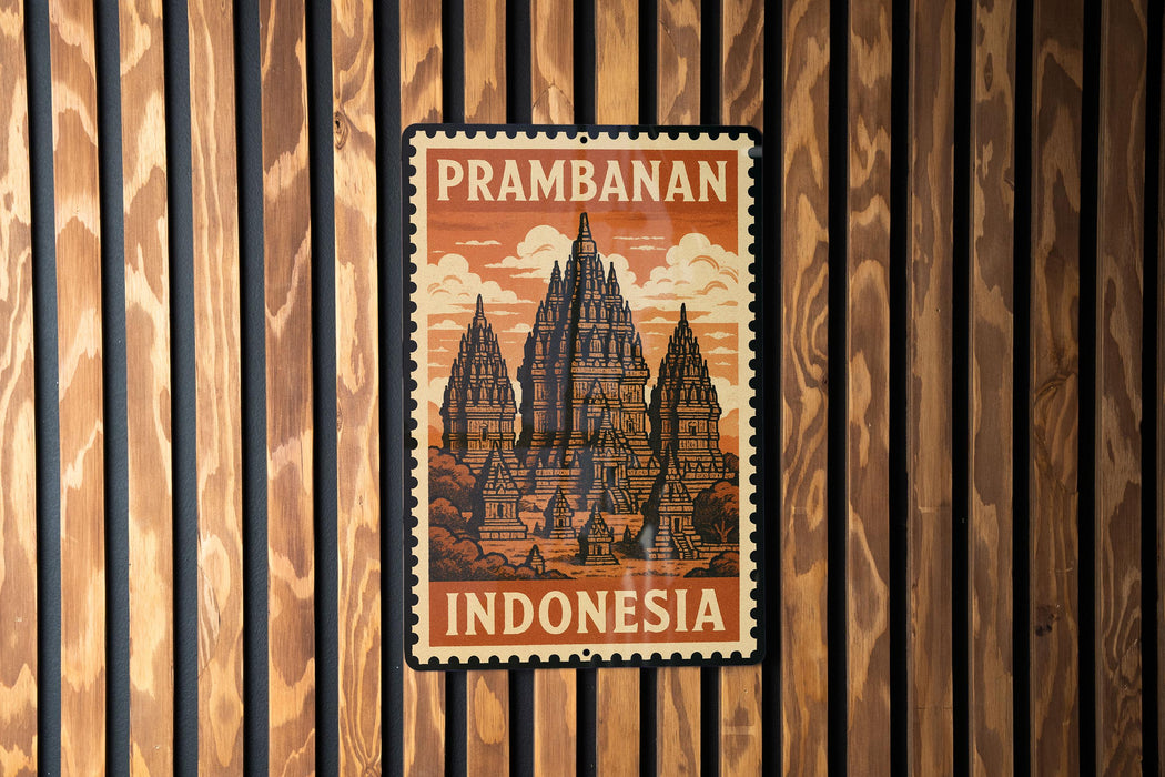 A vintage Indonesian postage stamp featuring the Prambanan temple, which is a significant landmark in Indonesia.