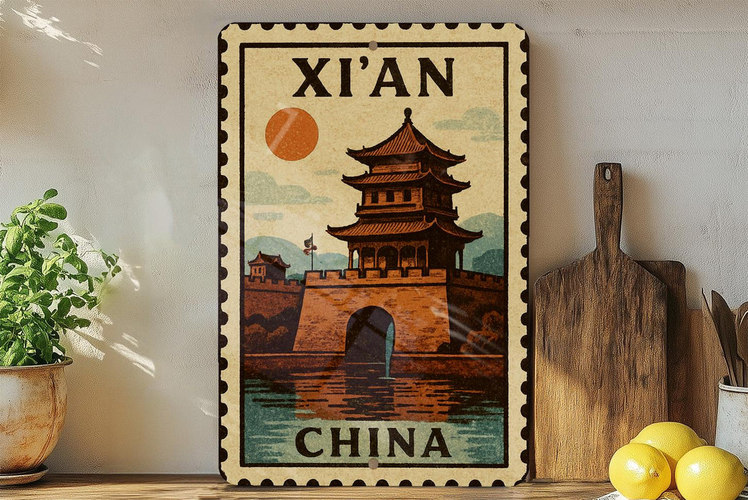 A vintage-style stamp depicting a traditional Chinese temple, with the text "XI'AN CHINA" prominently displayed. The stamp is placed on a shelf next to a wooden cutting board and a potted plant, creating a decorative and cultural-themed display.