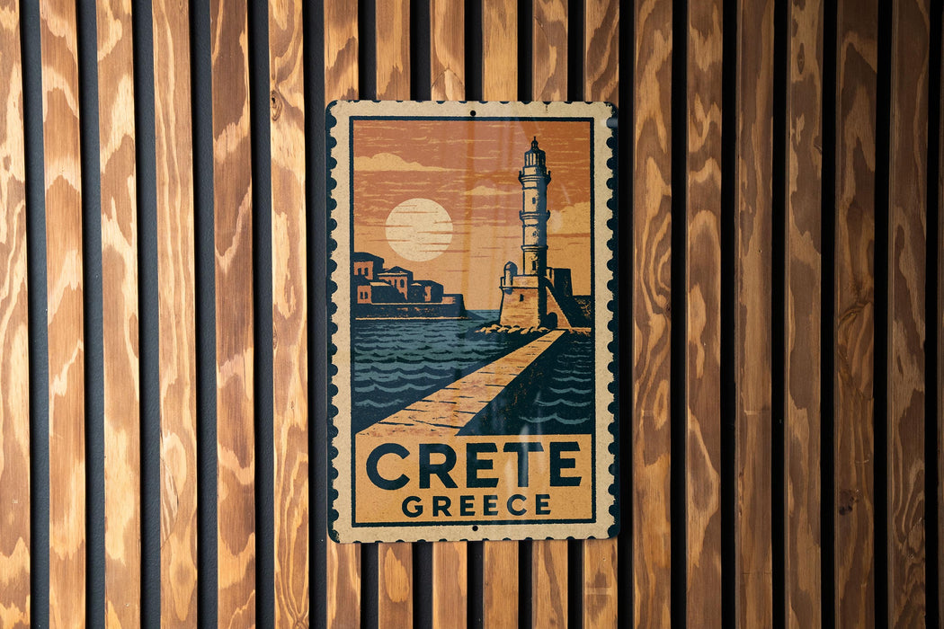 A vintage-style postage stamp depicting a lighthouse and a coastal scene, with the text "CRETE GREECE" prominently displayed.