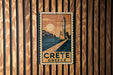 A vintage-style postage stamp depicting a lighthouse and a coastal scene, with the text "CRETE GREECE" prominently displayed.