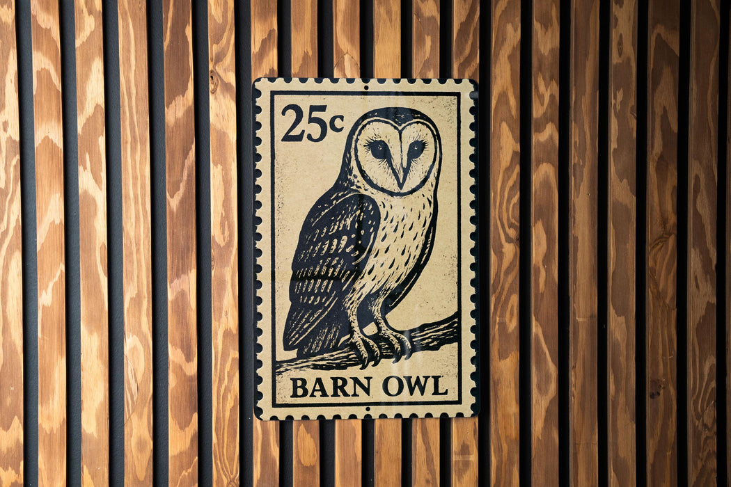 A 25c postage stamp featuring a barn owl is displayed on a wooden wall.