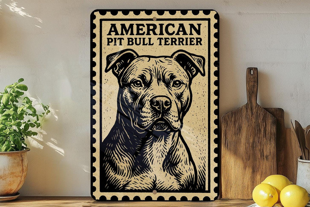 a metal sign with a black and white illustration of an American Pit Bull Terrier, accompanied by the text "AMERICAN PIT BULL TERRIER".