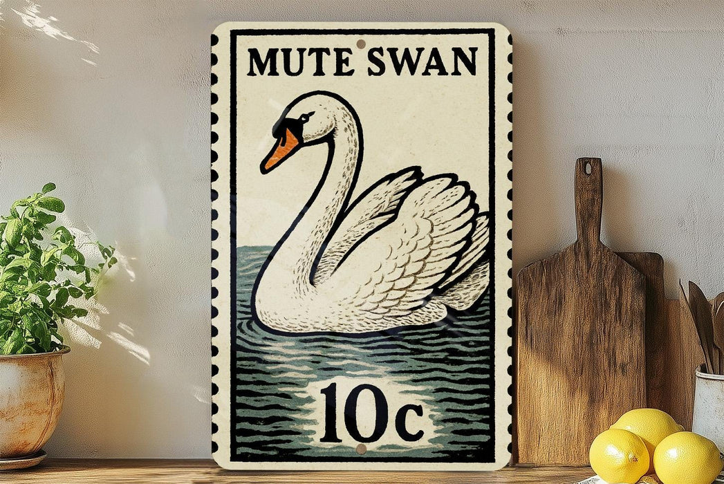 A vintage-style postage stamp featuring a swan, with the text "MUTE SWAN" and the value "10c" printed on it.