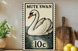 A vintage-style postage stamp featuring a swan, with the text "MUTE SWAN" and the value "10c" printed on it.