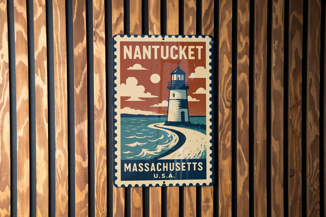 A vintage-style metal sign with a lighthouse and ocean scene, mounted on a wooden wall.