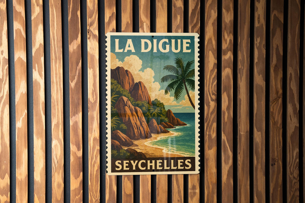 A vintage travel poster for Seychelles, featuring a tropical beach scene with palm trees and rocky cliffs.