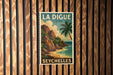 A vintage travel poster for Seychelles, featuring a tropical beach scene with palm trees and rocky cliffs.
