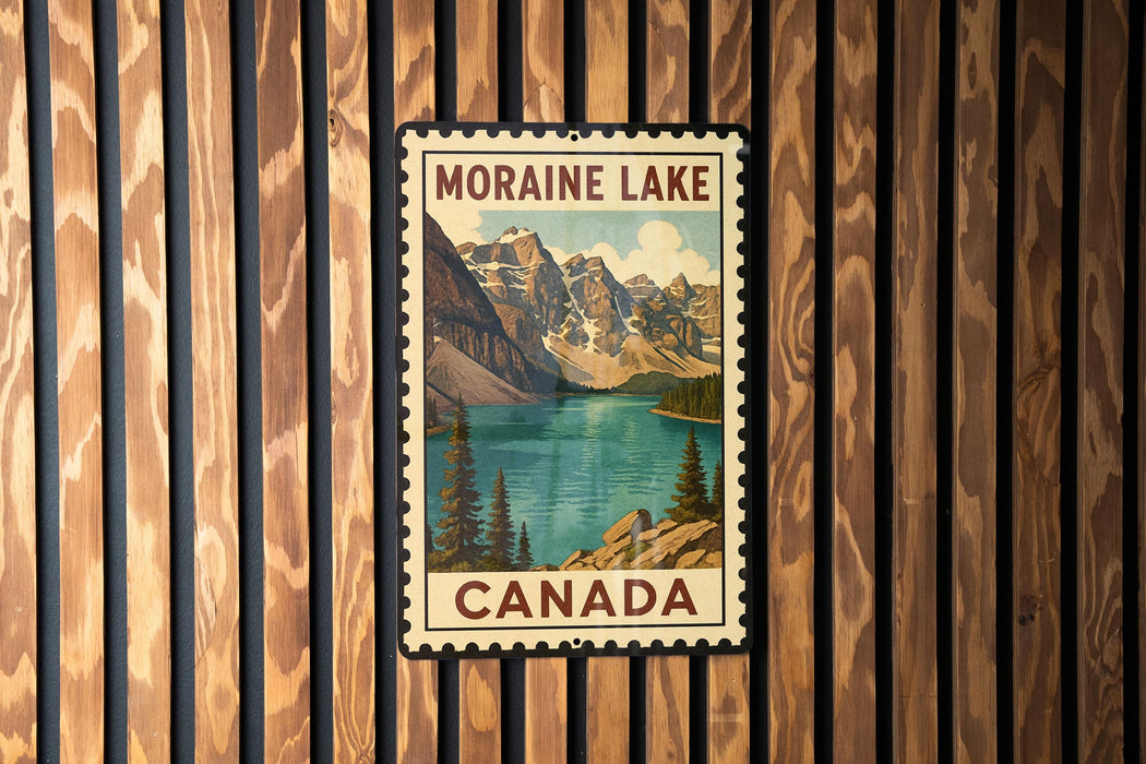 A vintage-style postage stamp depicting Moraine Lake in Canada, with a mountain landscape and a lake in the background.