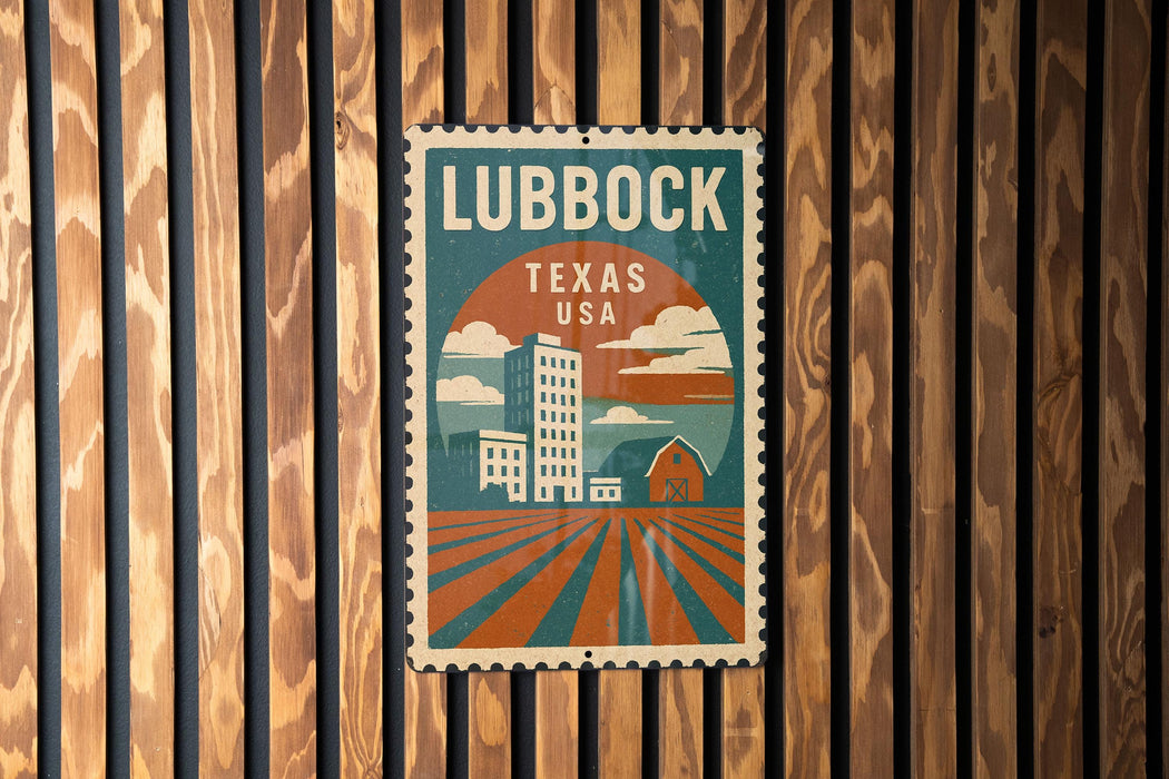 A vintage-style postage stamp from Texas, featuring a cityscape and a barn, is displayed on a wooden wall.