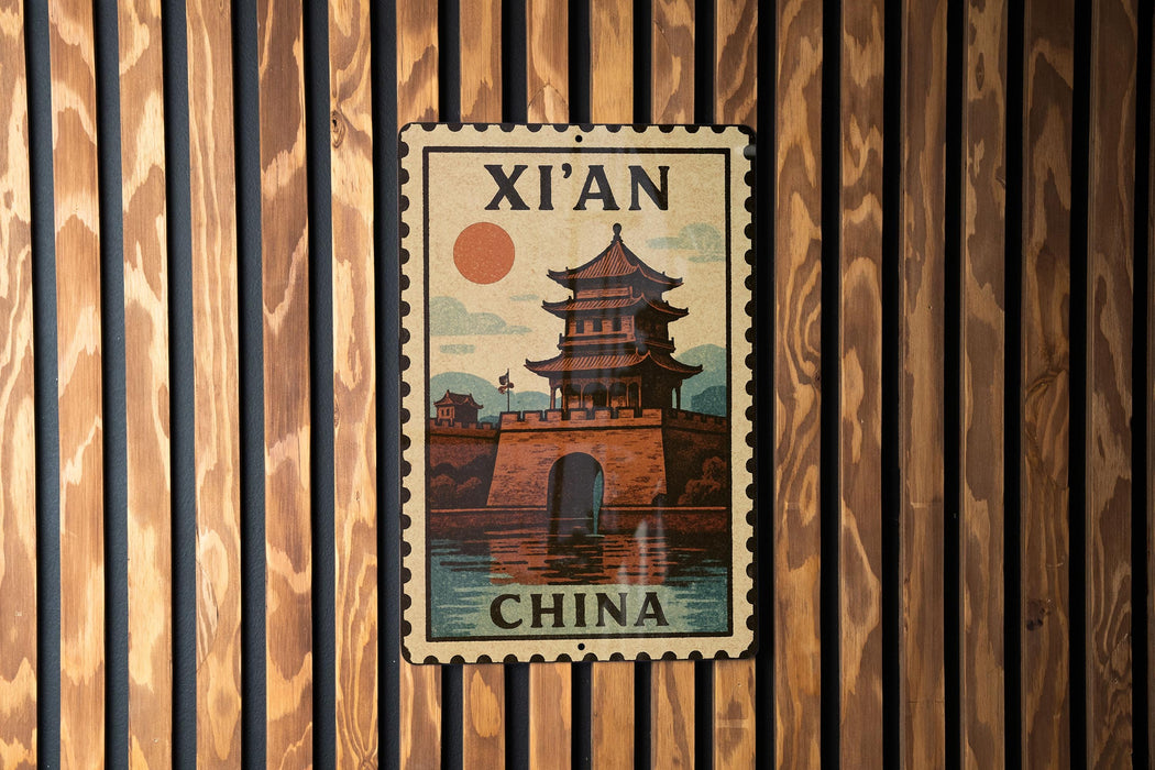 A vintage-style postage stamp featuring a traditional Chinese temple, mounted on a wooden wall.