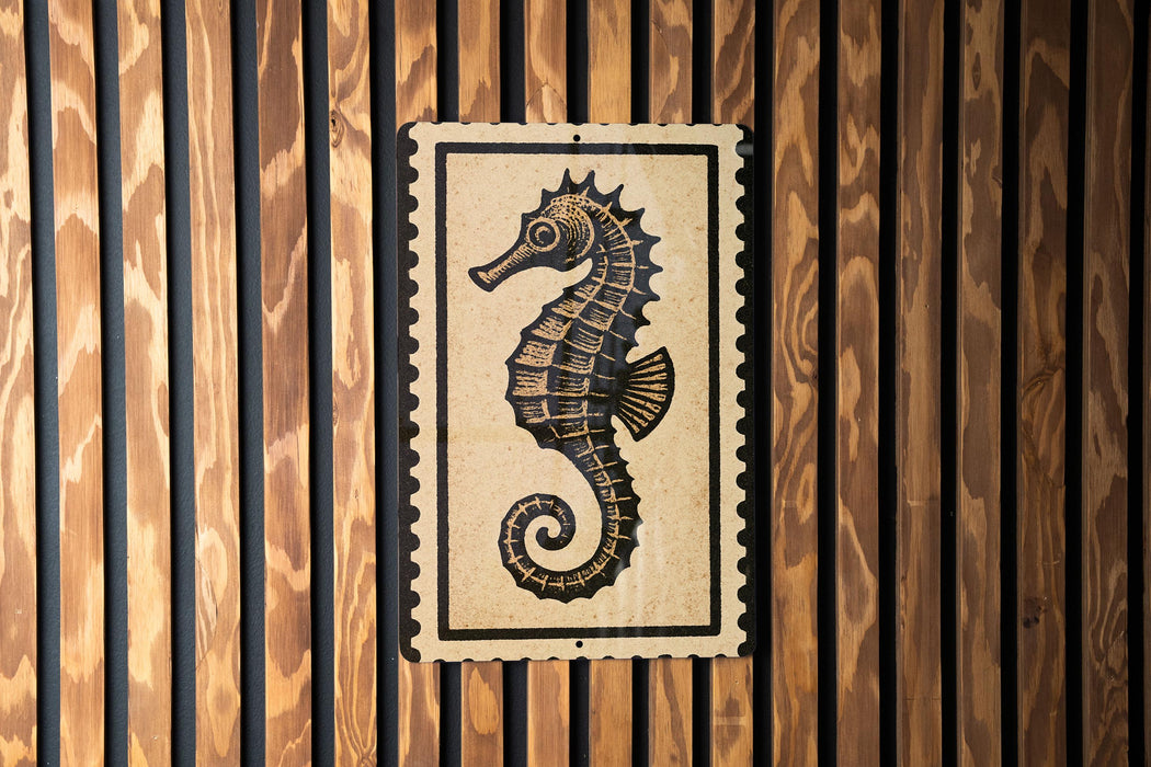 a seahorse on a wooden wall.
