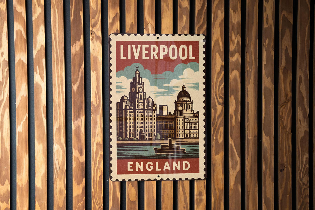 A metal sign with the text "LIVERPOOL ENGLAND" and an illustration of a city skyline, mounted on a wooden wall.