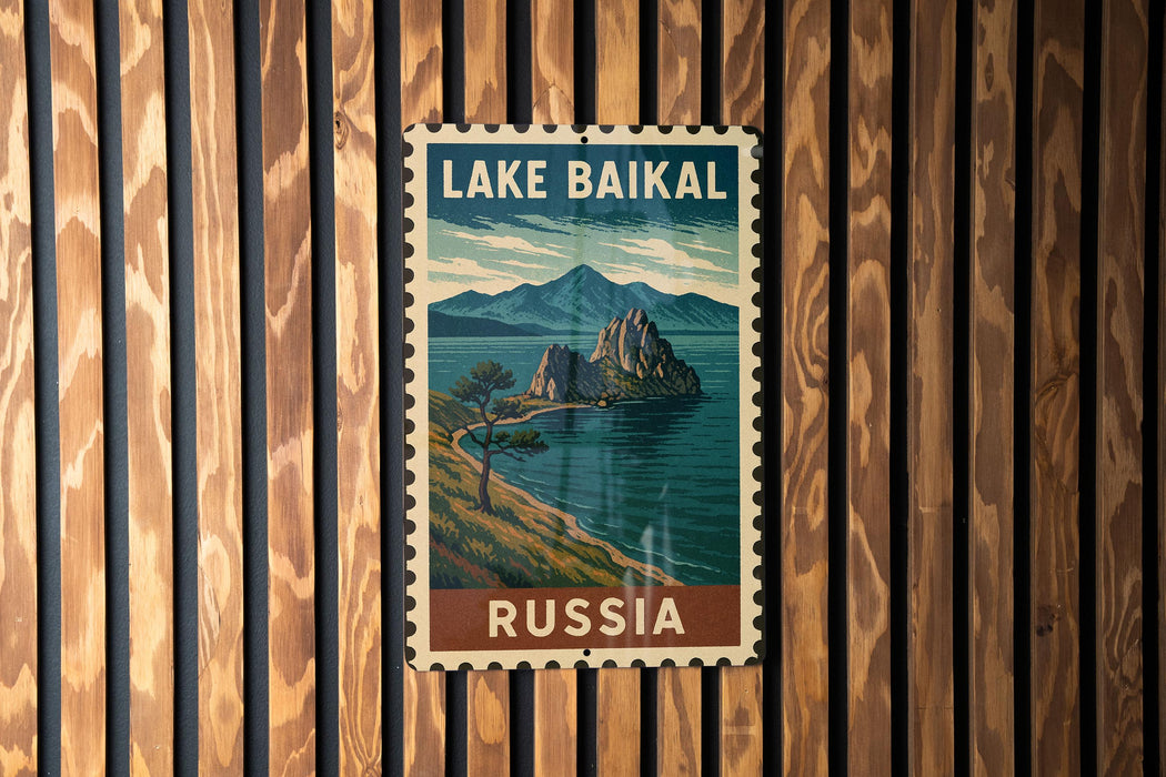 A vintage-style postage stamp depicting Lake Baikal, the world's largest cave system, with mountains and a lake in the background. The stamp is displayed on a wooden wall.
