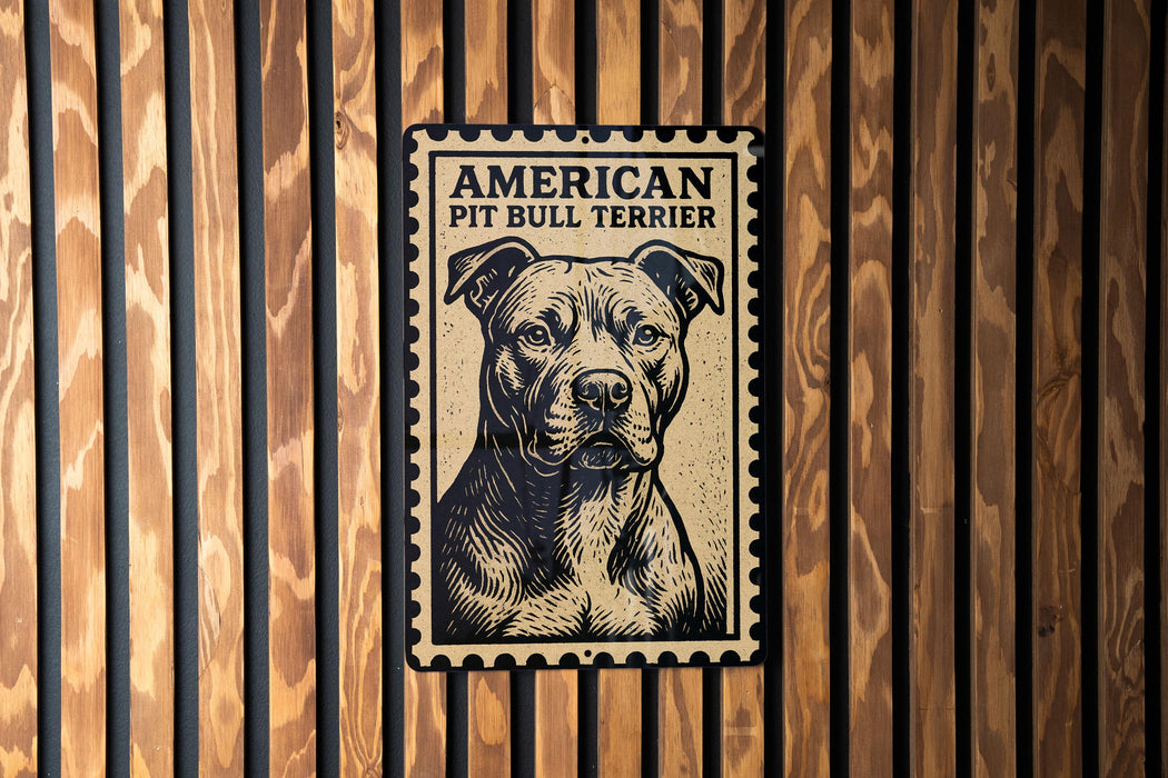 a sign with a picture of an American Pit Bull Terrier.