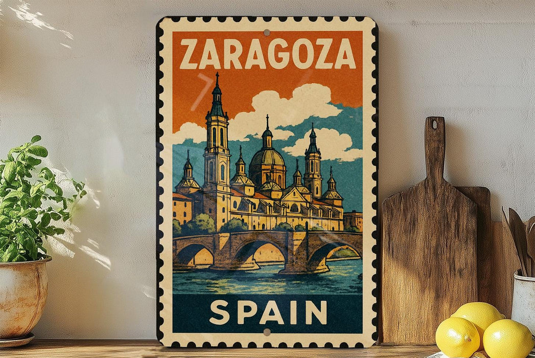 A vintage-style metal sign with the text "ZARAGOZA SPAIN" and an illustration of a castle or cathedral, placed on a wooden surface next to a potted plant and a wooden cutting board.
