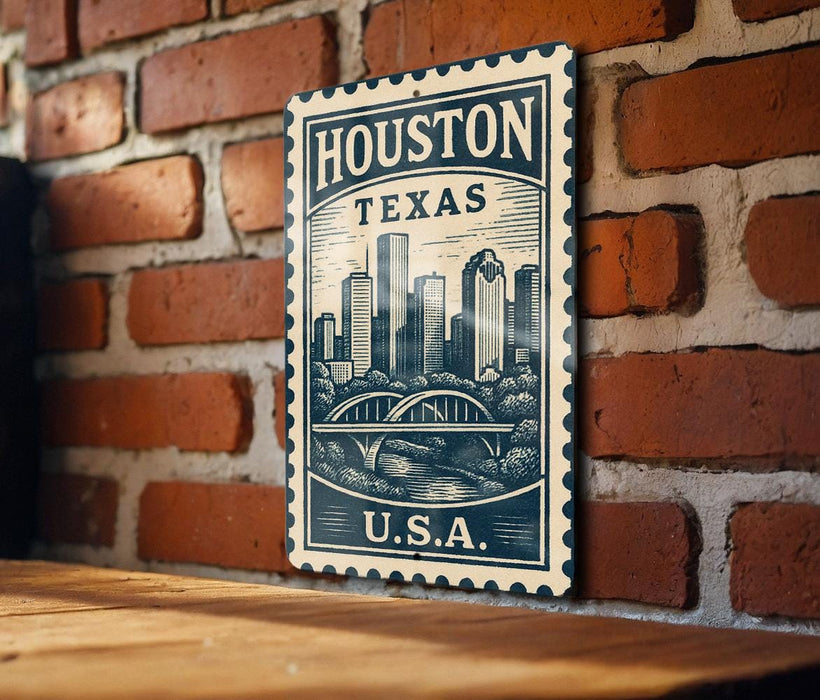 A vintage-style metal sign with the text "HOUSTON TEXAS U.S.A." displayed on it, mounted on a brick wall.