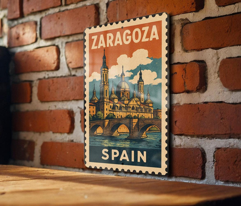 A vintage-style poster of Zaragoza, Spain, featuring a castle and a bridge, is displayed on a brick wall.