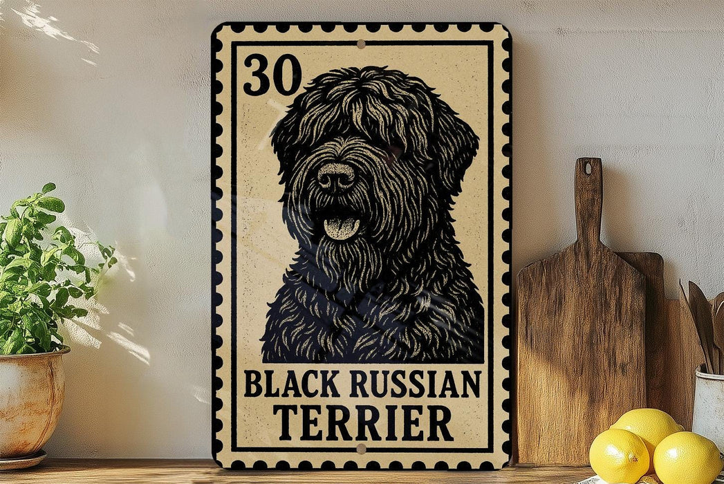 A black Russian terrier dog is depicted on a metal sign with the text "BLACK RUSSIAN TERRIER" printed on it. The sign is placed on a wooden surface, with a potted plant, a wooden cutting board, and some lemons nearby.