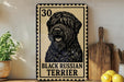 A black Russian terrier dog is depicted on a metal sign with the text "BLACK RUSSIAN TERRIER" printed on it. The sign is placed on a wooden surface, with a potted plant, a wooden cutting board, and some lemons nearby.