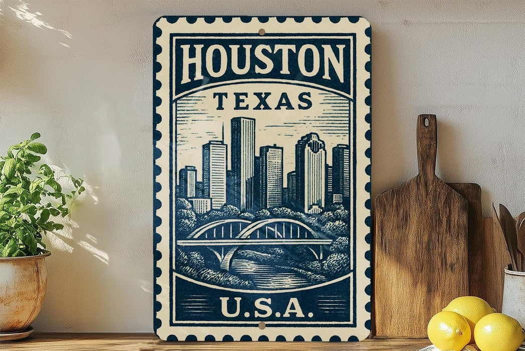 A vintage-style metal sign with the text "HOUSTON TEXAS U.S.A." displayed prominently, featuring a cityscape illustration. The sign is placed on a wooden surface, with a potted plant, a wooden cutting board, and some lemons nearby.