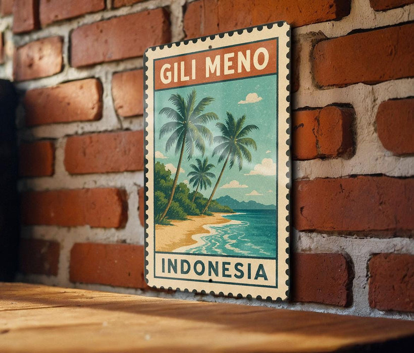 A vintage postage stamp featuring a tropical beach scene with palm trees and a blue sky, hanging on a brick wall.