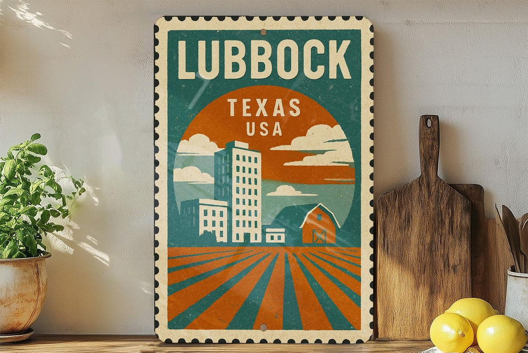 A vintage-style poster of Lubbock, Texas, USA, featuring a cityscape with buildings, a barn, and a field with a sunburst pattern.