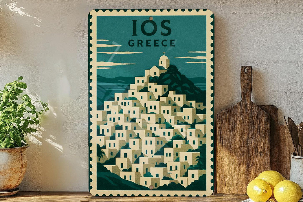 A framed poster of a Greek village with a mountain in the background, displayed on a wall next to a wooden cutting board and some potted plants.