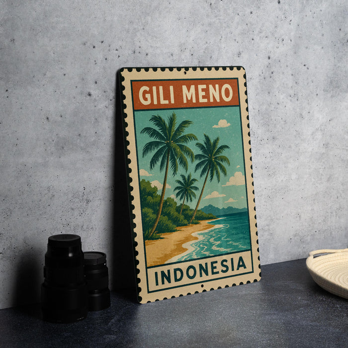 A vintage postage stamp featuring a tropical beach scene with palm trees and a body of water, along with the text "GILI MENO INDONESIA".