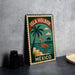 A vintage-style metal sign with a colorful illustration of a flamingo, palm tree, and beach scene, along with the text "ISLA HOLBOX MEXICO".