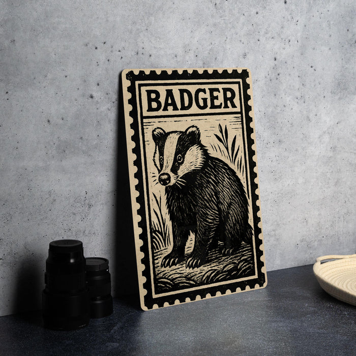 A wooden postcard featuring a badger illustration is displayed on a table.